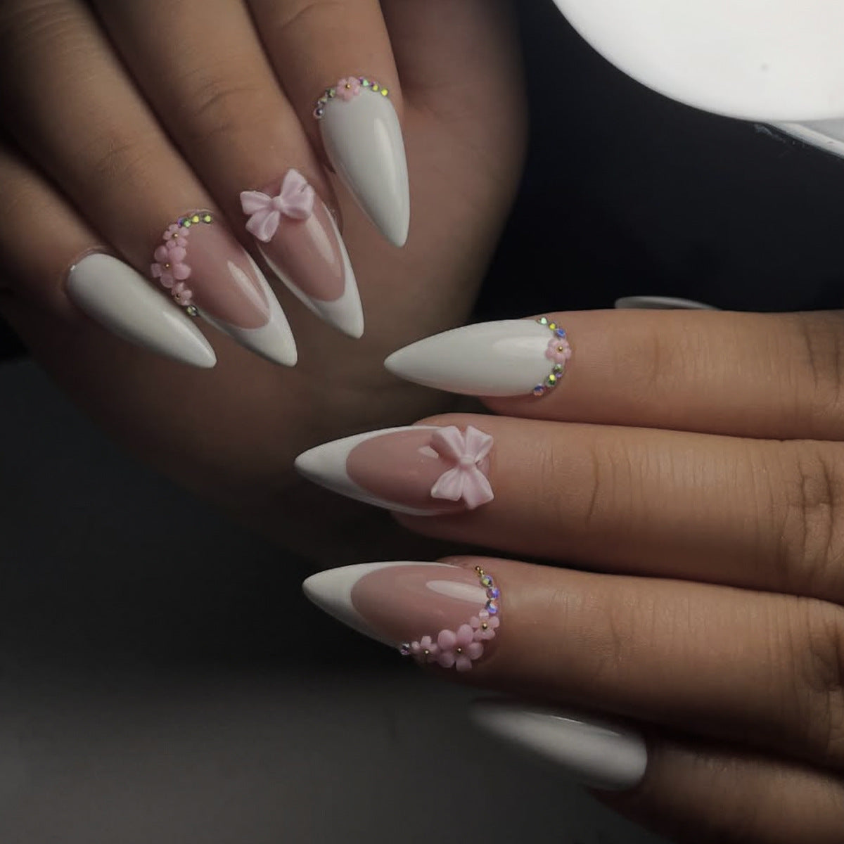 Blossoming Elegance Long Almond Shaped White and Pink Press On Nail Set with Unique Bow and Gem Accents
