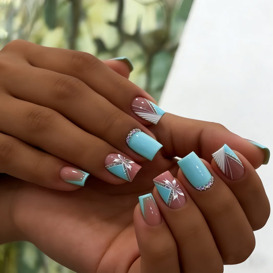 Ocean Breeze Elegance Short Square Blue and Pink Press On Nail Set with Unique Geometric Design and Rhinestone Accents