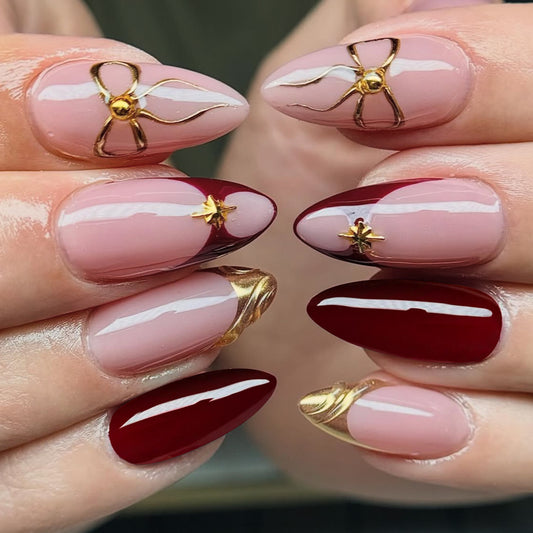 Elegant Enchantment Long Almond Shaped Blush and Burgundy Press on Nail Set with Gold Accents