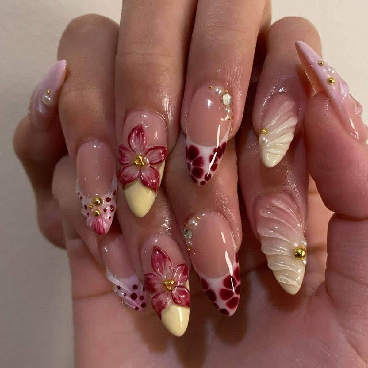 Blossoming Elegance Long Stiletto Multi-Colored Floral Press On Nail Set with Shimmering Accents