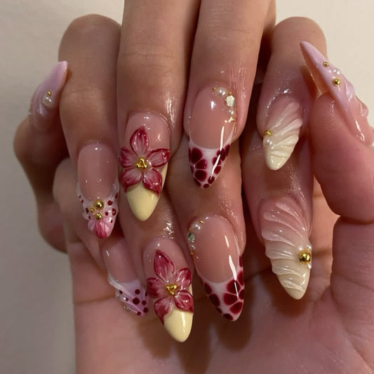 Blossoming Elegance Long Stiletto Multi-Colored Floral Press On Nail Set with Shimmering Accents