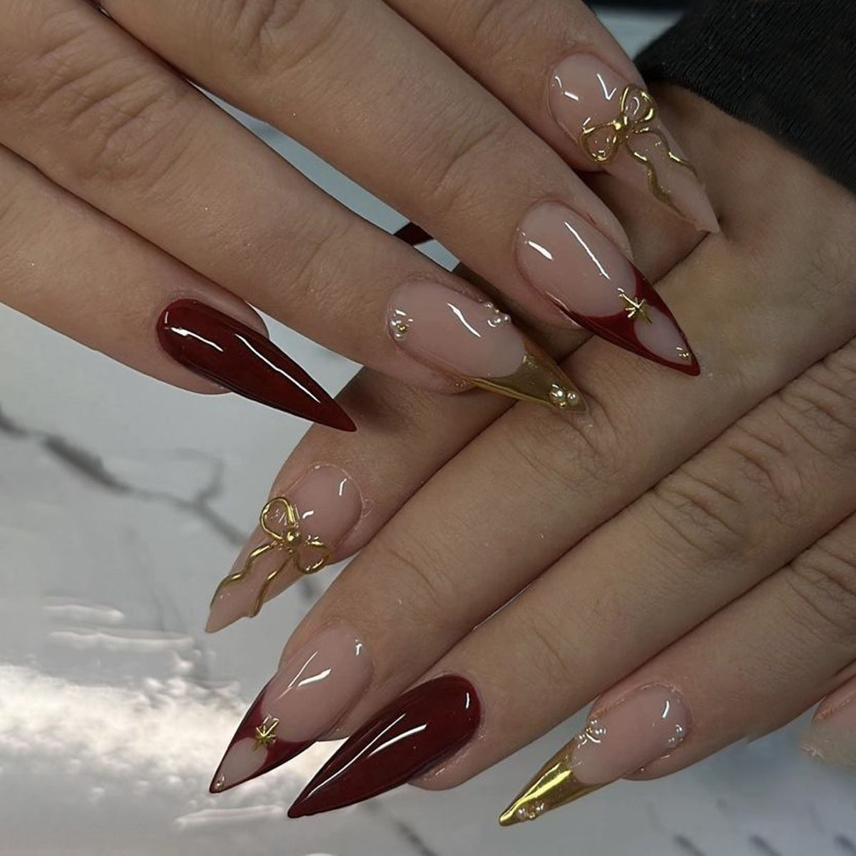 Elegant Charm Long Stiletto Almond Red and Beige with Gold Bow and Gem Accents Press On Nail Set