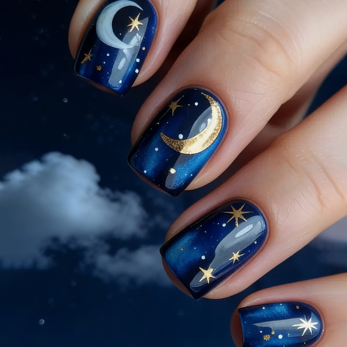 Celestial Dreams Midnight Blue Short Square Press On Nail Set with Shimmering Moon and Star Designs