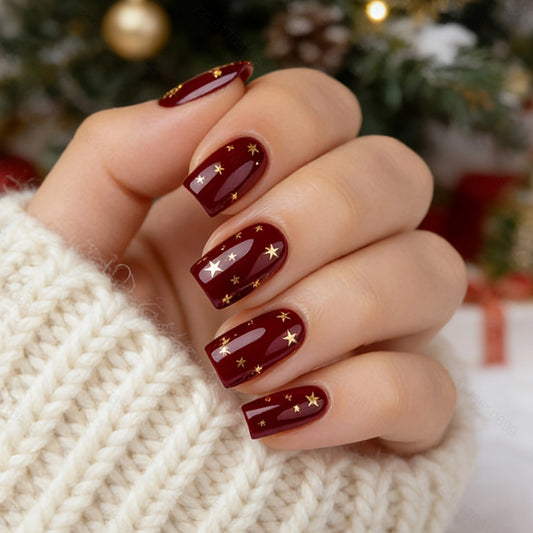 Celestial Holiday Burgundy Short Square Press On Nail Set with Gold Star Accents
