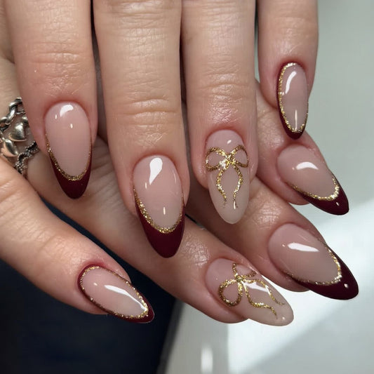 Elegant Winter Charm Long Almond Burgundy and Beige Press-On Nail Set with Glitter Bow Accent