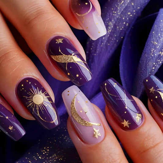 Celestial Night Long Square Purple Ombre with Gold Star and Moon Accents Press On Nail Set