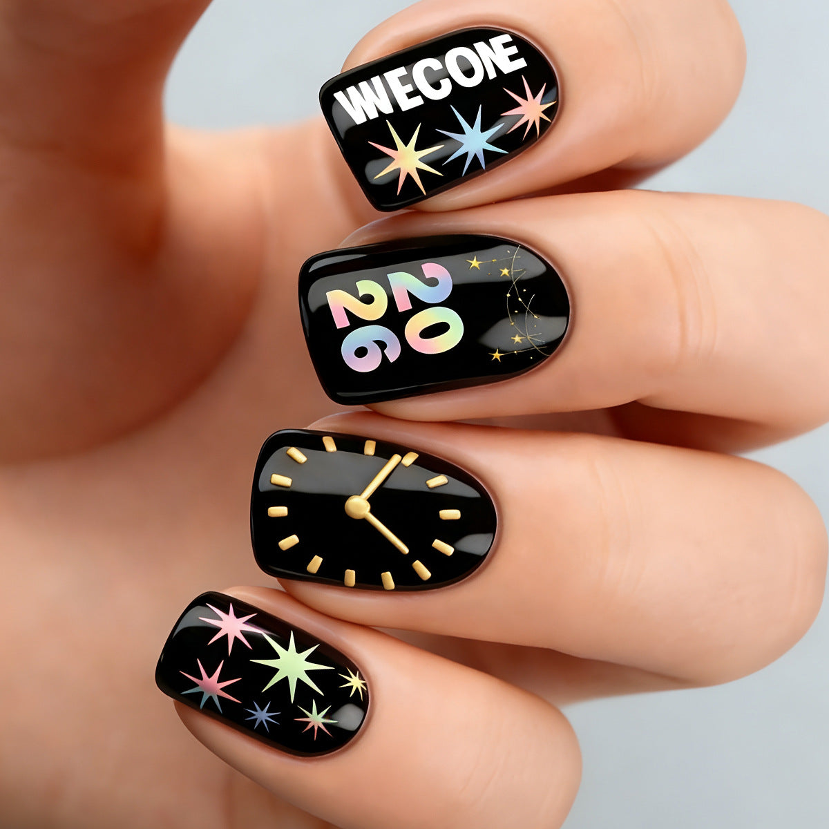 Celestial Midnight Glossy Medium Square and Oval Press-On Nail Set with Radiant Star and Clock Design