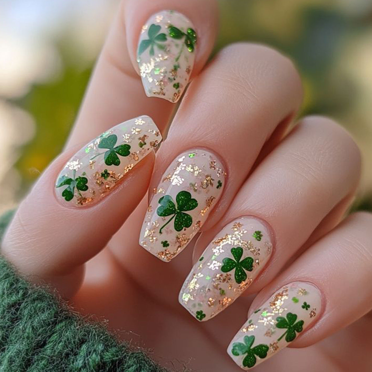 Lucky Charm Inspired Long Coffin Green Floral Glitter Press on Nail Set