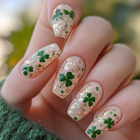 Lucky Charm Inspired Long Coffin Green Floral Glitter Press on Nail Set