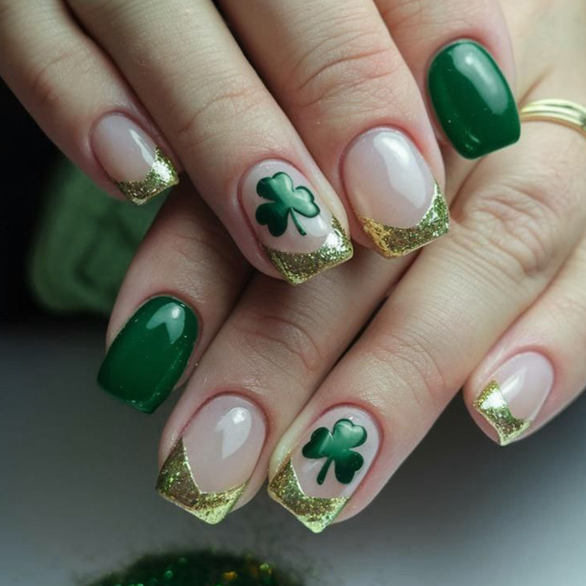 Lucky Charm Glamour Medium Square Green with Gold Glitter and Shamrock Design Press-On Nail Set