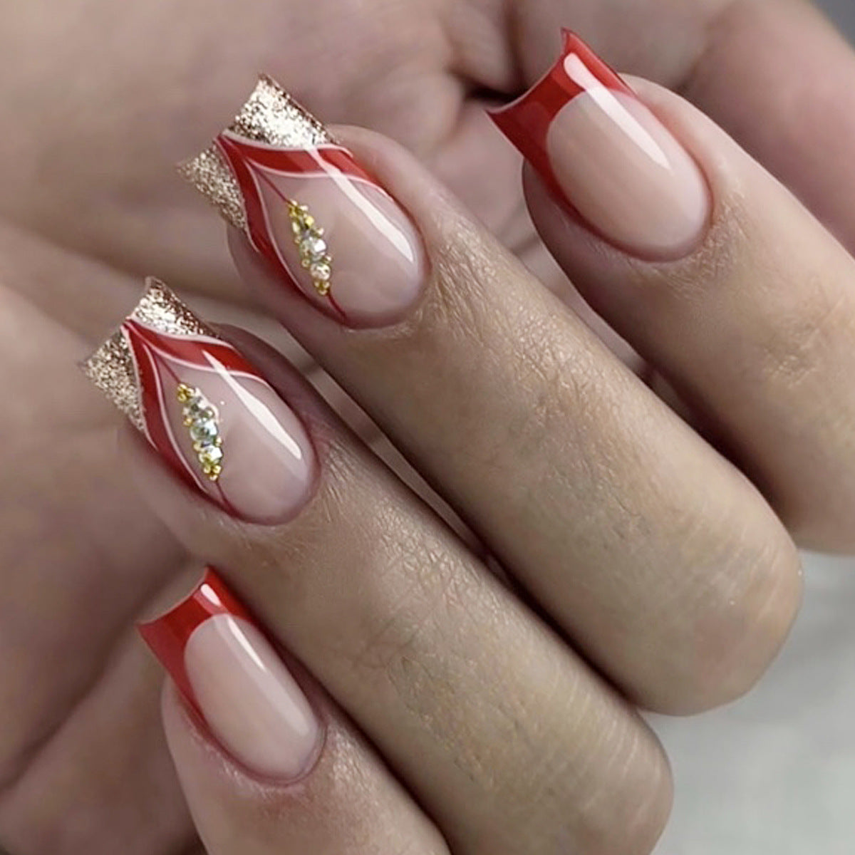 Elegant Floral Fantasy Medium Square Red and Gold Glitter Press On Nail Set with Sparkling Accent Stones
