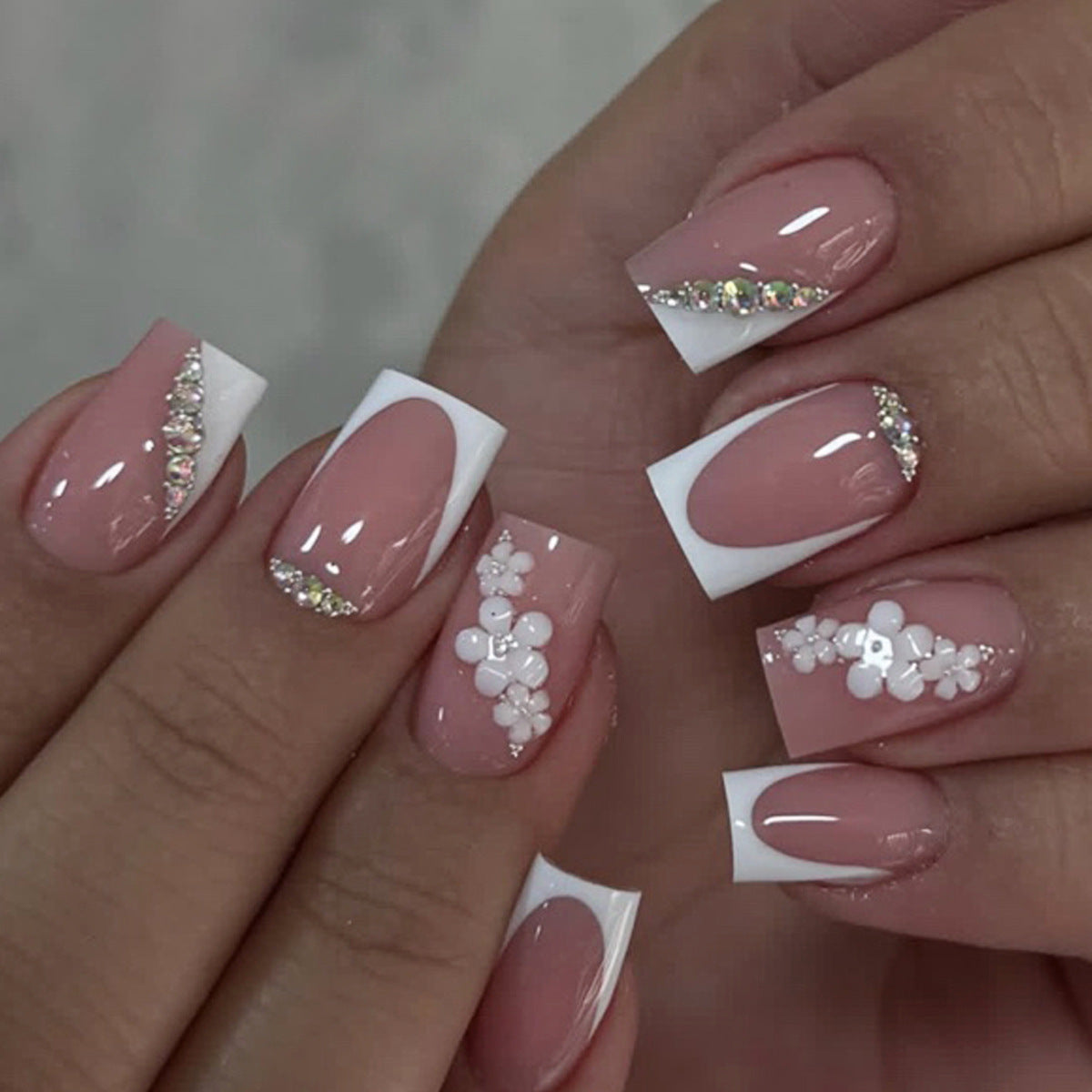 Chic Blossom Twilight Medium Square Shaped Pink Press On Nail Set with Floral Accents and Shimmering Gems
