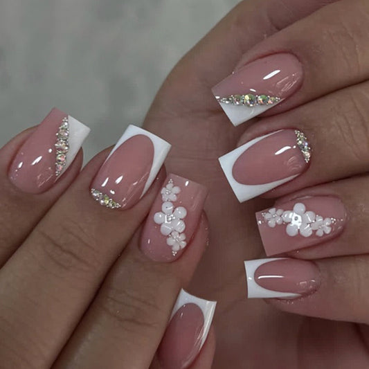 Chic Blossom Twilight Medium Square Shaped Pink Press On Nail Set with Floral Accents and Shimmering Gems