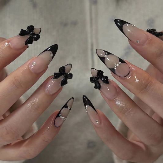 Elegant Nightfall Long Stiletto Black and Beige Press On Nail Set with Dazzling Bow Accents