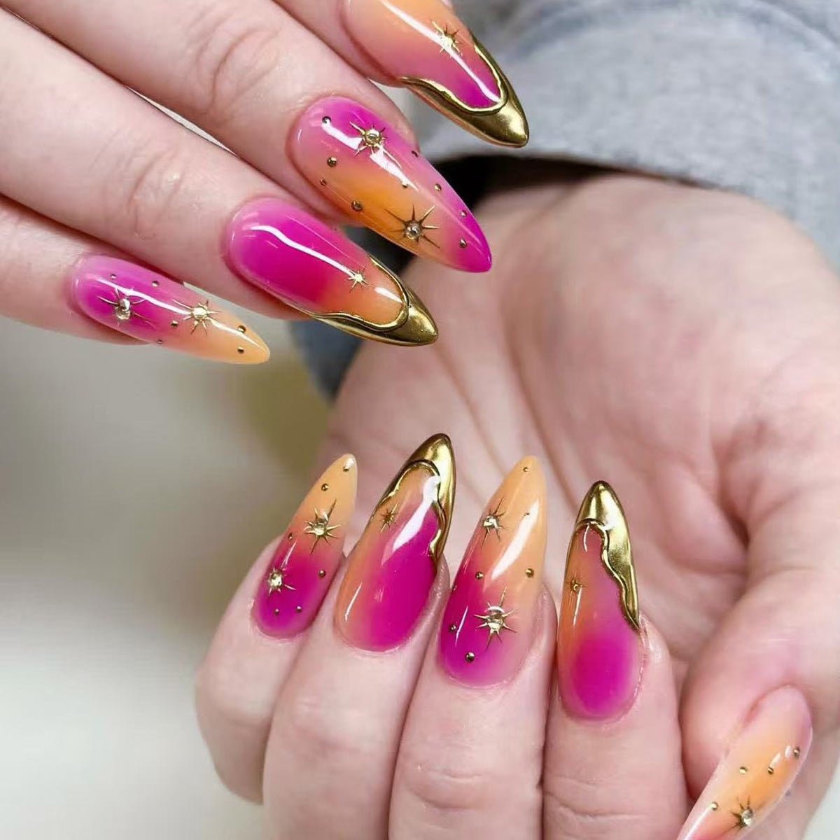 Celestial Dream Long Almond Shaped Long Ombre Pink and Gold Star Accented Press On Nail Set