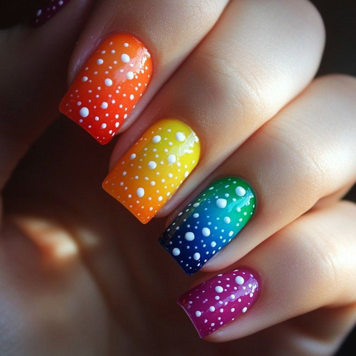Vibrant Rainbow Short Square Press On Nail Set with Dazzling Polka Dot Design