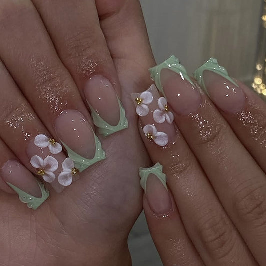 Botanical Bliss Elegant Medium Square Green Flower Accented Press On Nail Set