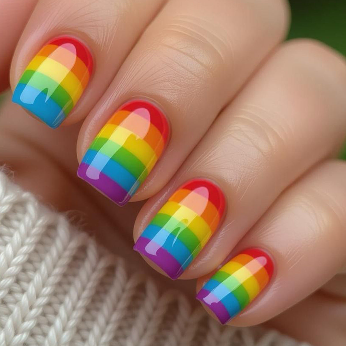 Rainbow Vibrance Medium Square Glossy Nail Set with Multi-Colored Gradient Design