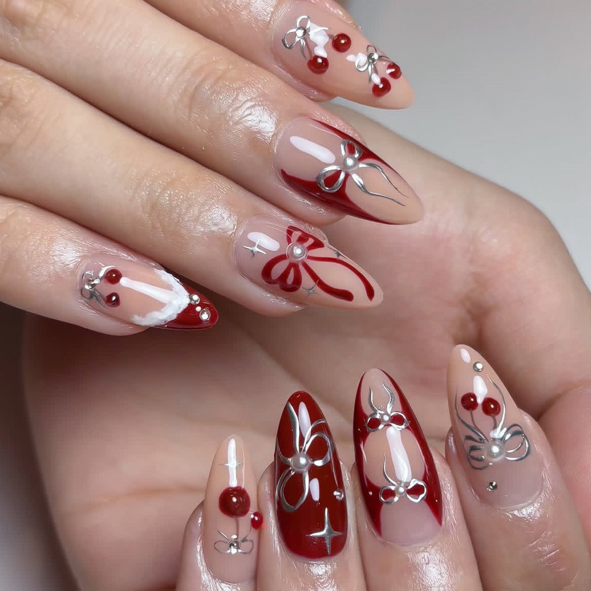 Garden Party Velvet Long Almond Red and Beige Floral Press-On Nail Set with Charming Pearl Accents