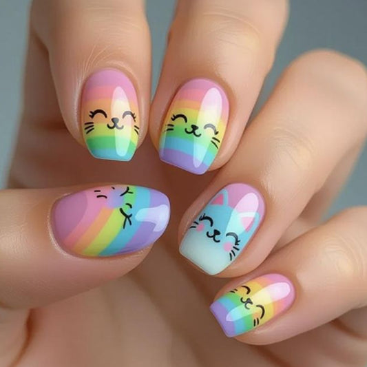 Whimsical Rainbow Kitty Medium Square Pastel Press On Nail Set with Adorable Cat Face Designs