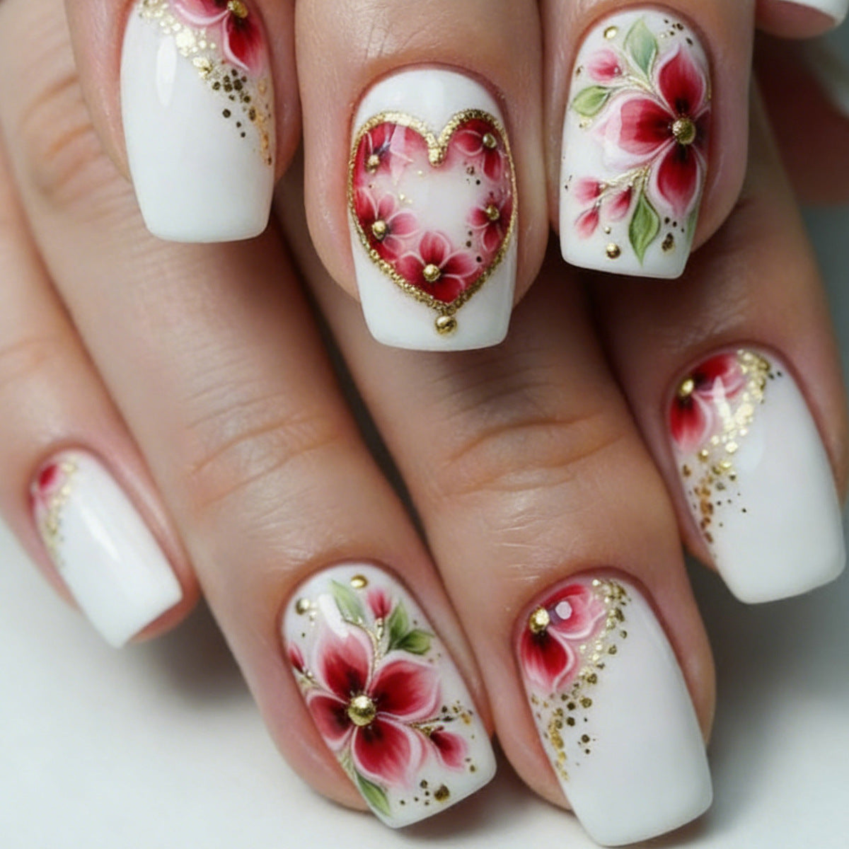 Charming Floral Elegance Medium Square White Press On Nail Set with Heart and Gold Accents
