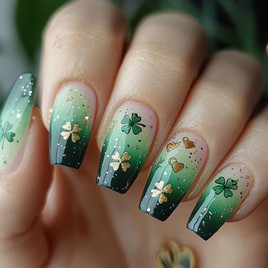 Lucky Shamrock Long Square Green Glitter Press On Nail Set with Gold Accents