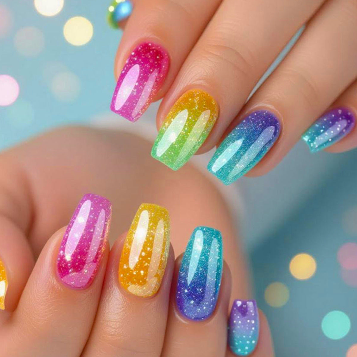 Dreamy Rainbow Glitter Long Square Press-On Nail Set with Multicolor Gradient Sparkle Finish