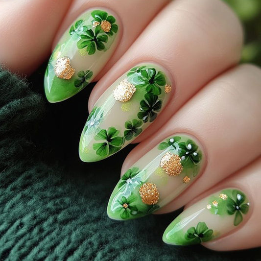 Stunning Enchantment Long Almond Green with Lucky Clover and Glitter Accents Nail Set