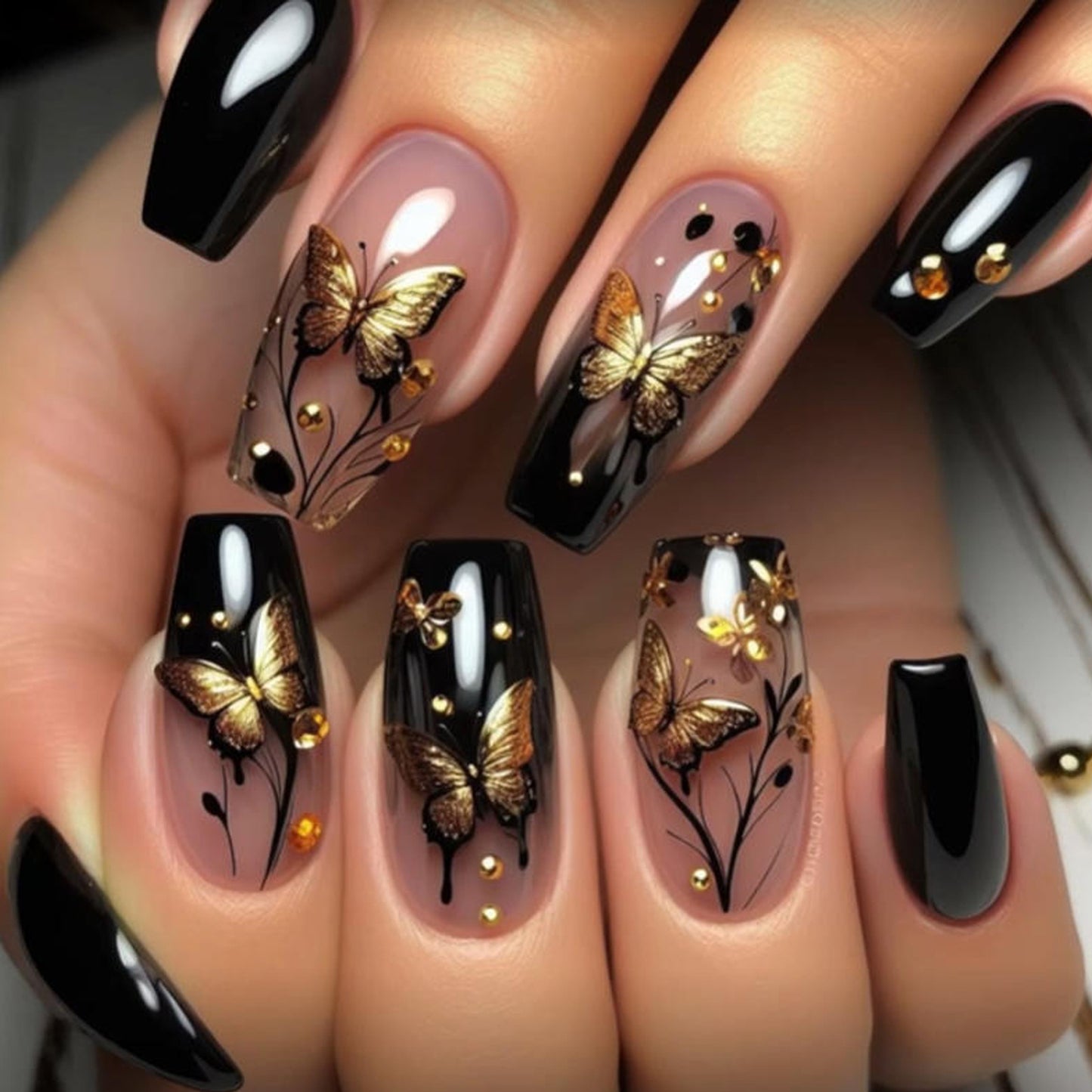 Whimsical Butterfly Elegance Long Coffin Black and Beige Press On Nail Set with Gold Accents