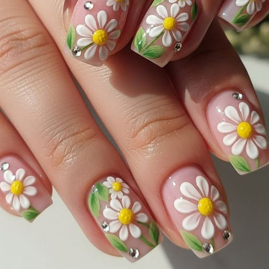 Bohemian Floral Dream Short Square Pink Press-On Nail Set with Daisy Design and Sparkling Accents