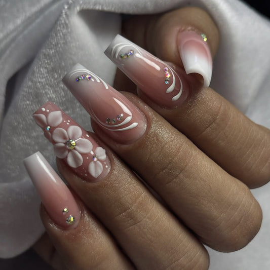 Blossom Breeze Long Coffin Pink Ombre with Glittering Floral Accents Press-On Nail Set