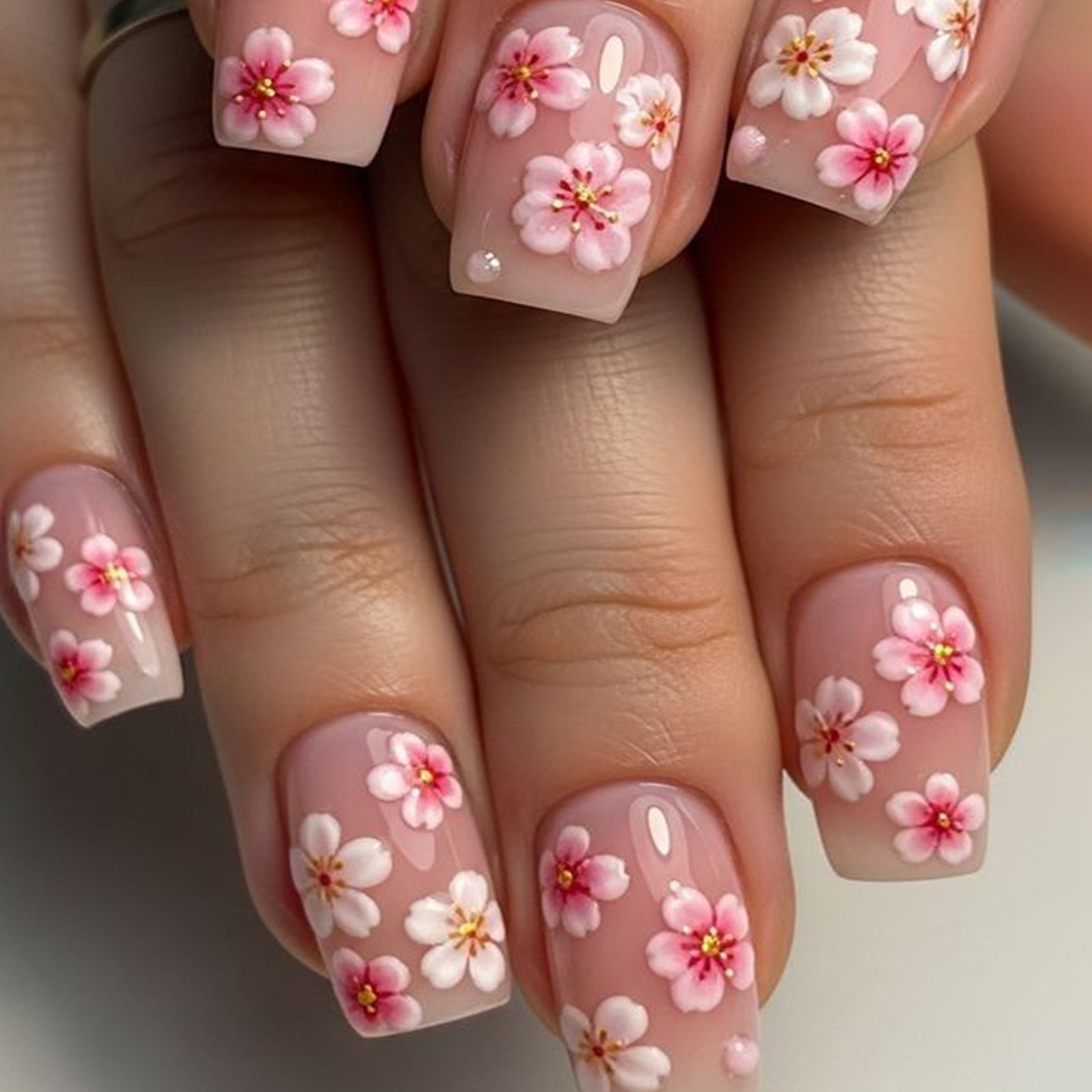 Blooming Elegance Medium Square Pink Floral Art Press On Nail Set
