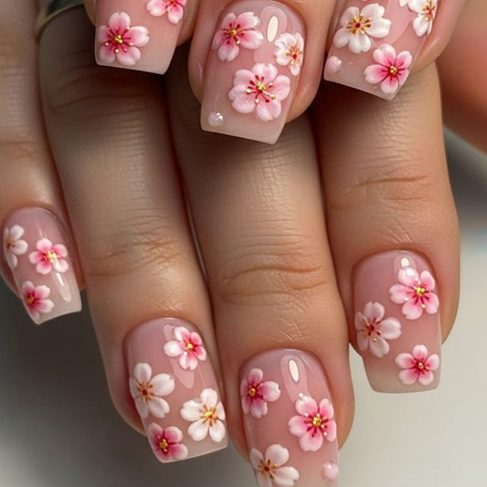 Blooming Elegance Medium Square Pink Floral Art Press On Nail Set