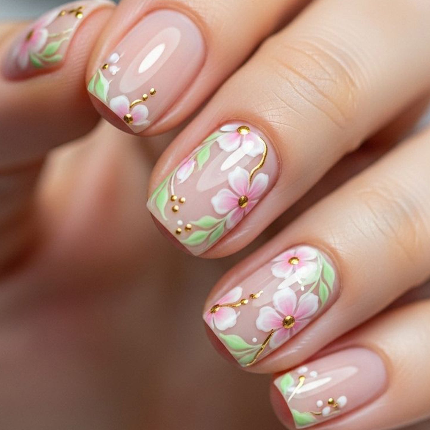 Blossom Beauty Short Square Pink Beige with Floral and Gold Accents Press On Nail Set