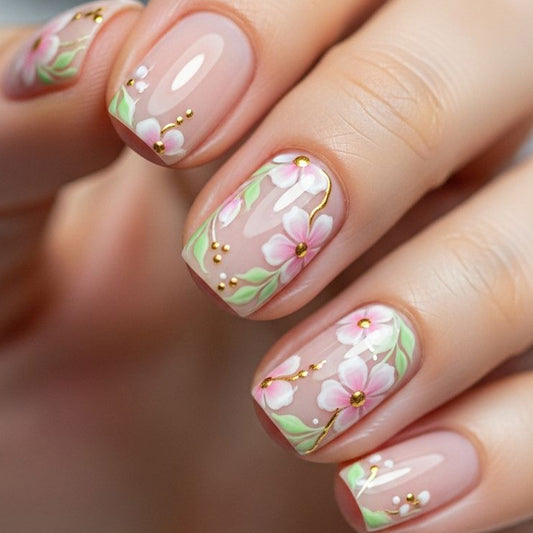 Blossom Beauty Short Square Pink Beige with Floral and Gold Accents Press On Nail Set