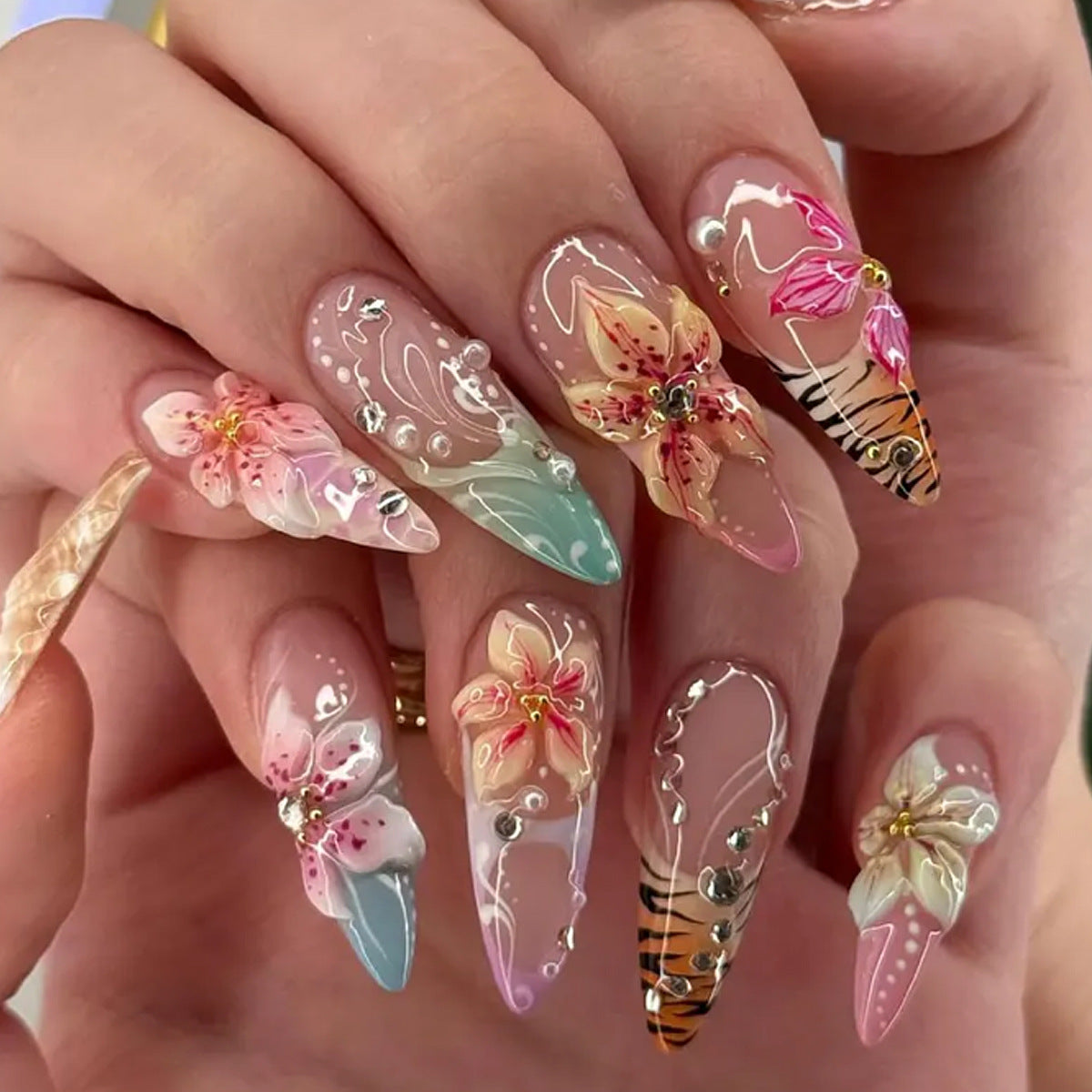 Tropical Elegance Long Stiletto Floral Ombre Press On Nail Set with Rhinestone Accents