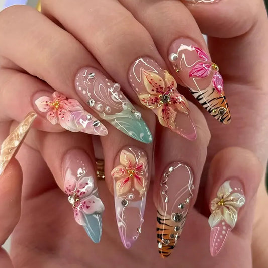 Tropical Elegance Long Stiletto Floral Ombre Press On Nail Set with Rhinestone Accents