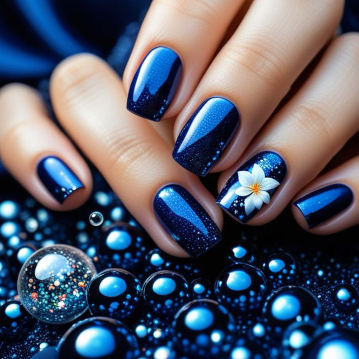 Oceanic Elegance Medium Square Deep Blue with Floral Accent Press on Nail Set