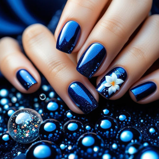 Oceanic Elegance Medium Square Deep Blue with Floral Accent Press on Nail Set
