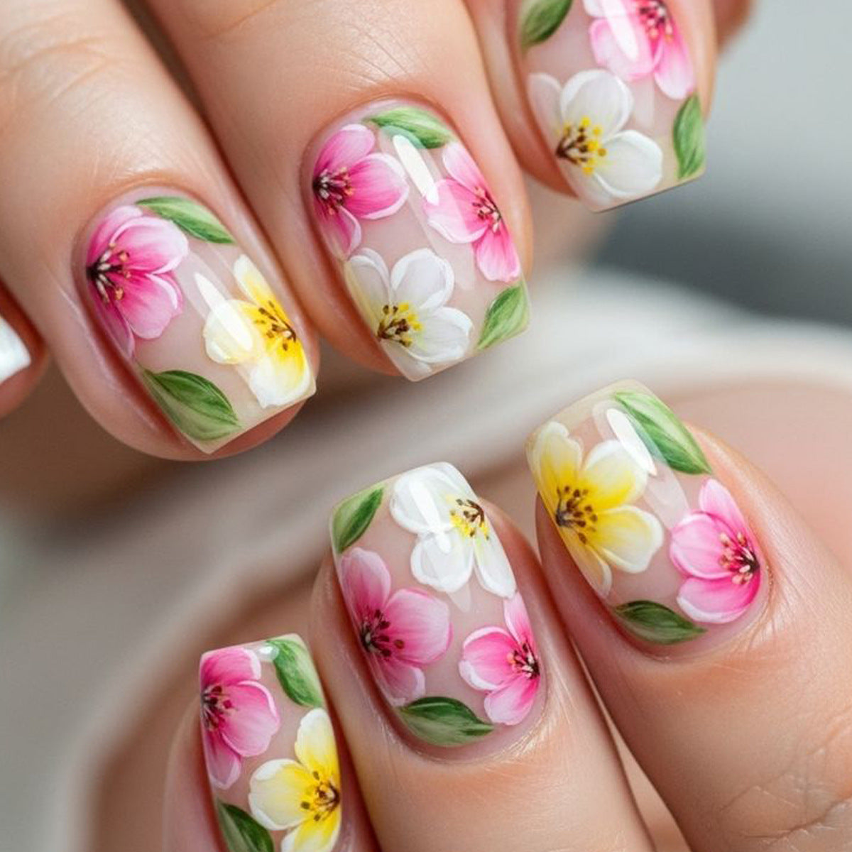 Floral Dream Delight Short Square Light Pink and White Press on Nail Set with Hand Painted Flower Design