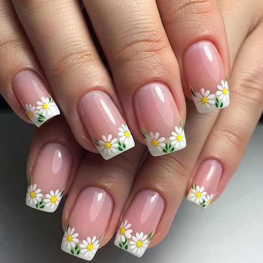 Floral Dream Square Press On Nail Set Medium Length Clear Pink with Charming Daisy Accents