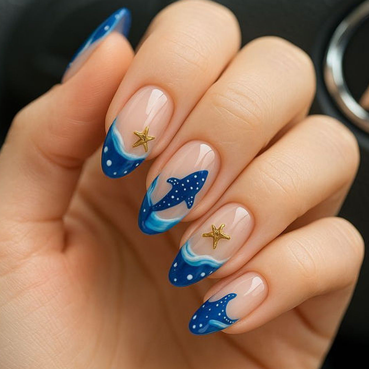 Oceanic Dream Long Almond Blue Design with Starfish Accent Press-On Nail Set