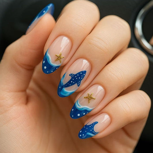 Oceanic Dream Long Almond Blue Design with Starfish Accent Press-On Nail Set