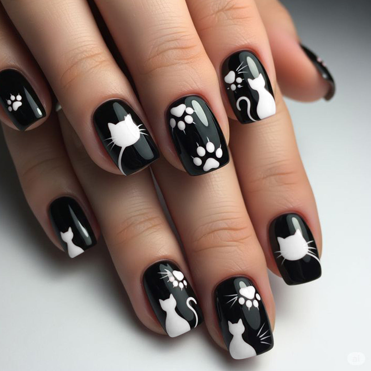 Purrfectly Chic Short Square Black Press On Nail Set with Adorable Cat Designs