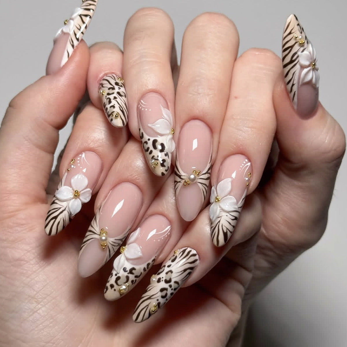 Wild Elegance Long Almond Beige Tones with Floral and Animal Print Accents