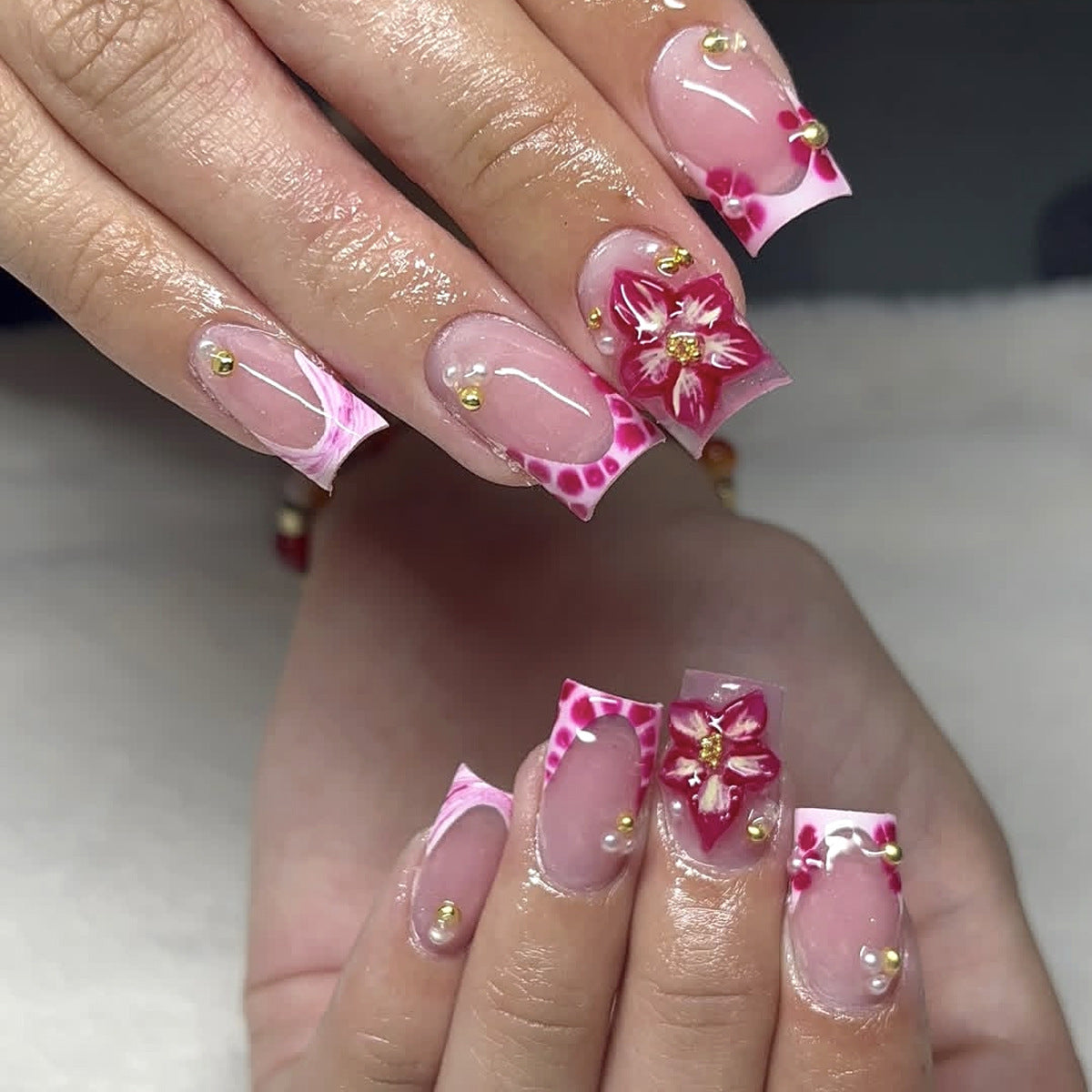 Tropical Blossom Long Square Pink Floral Press On Nail Set with Decorative Pearl Accents