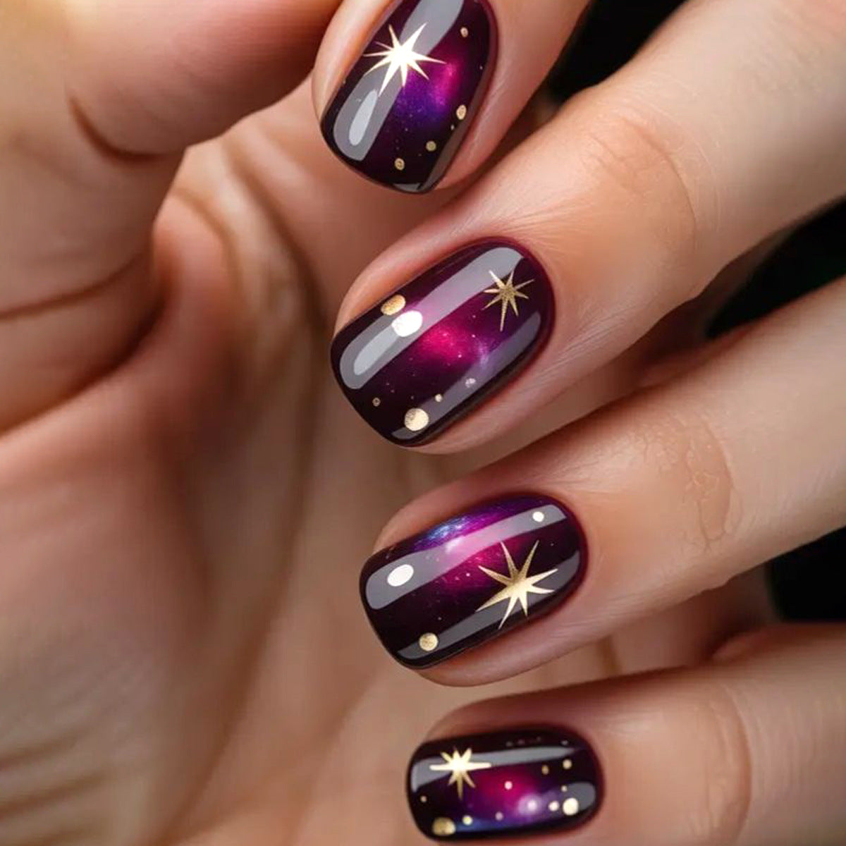 Celestial Dreams Short Square Deep Purple with Starry Accents Press On Nail Set