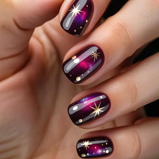 Celestial Dreams Short Square Deep Purple with Starry Accents Press On Nail Set