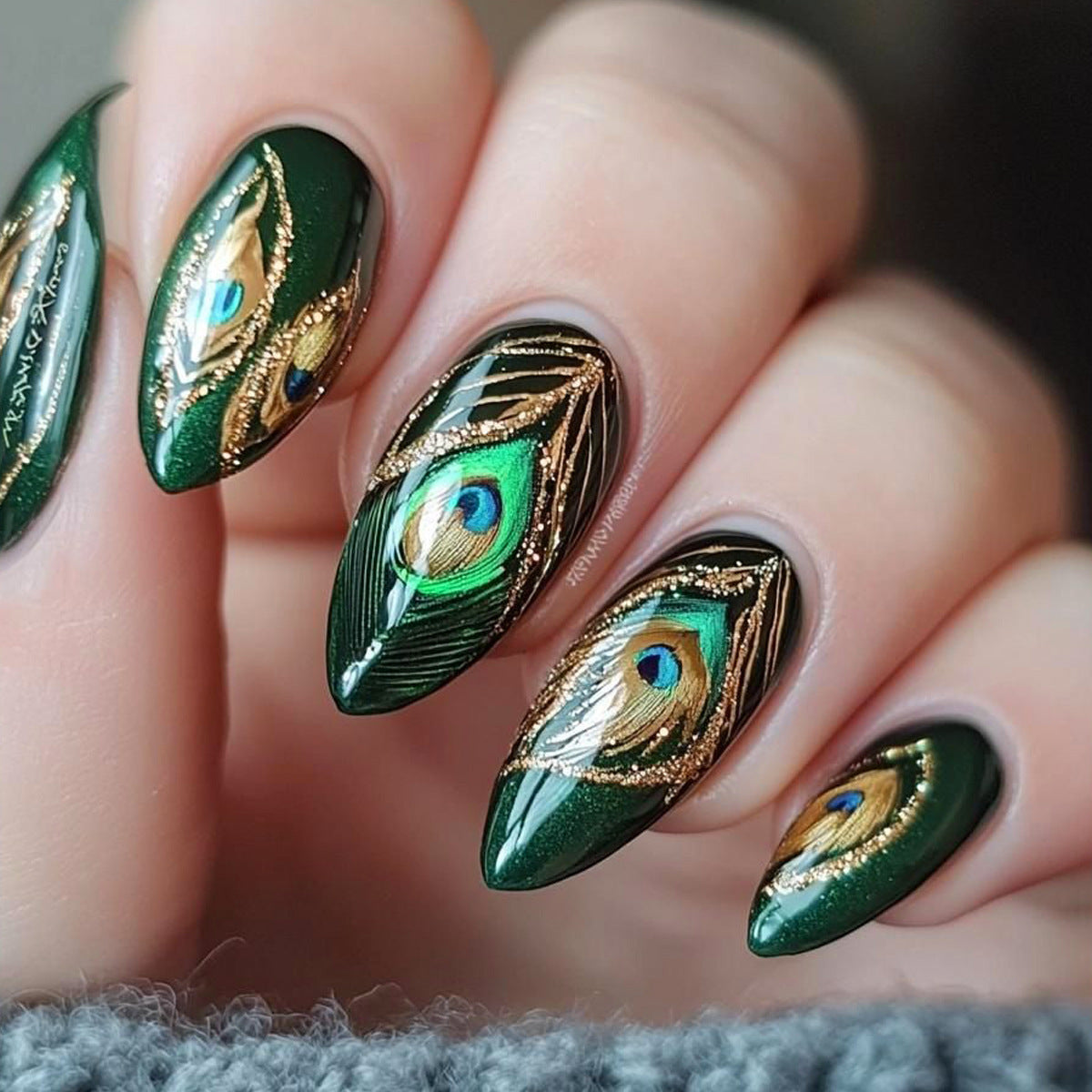 Peacock Elegance Long Almond Green Shimmer with Gold Detailing Press On Nail Set