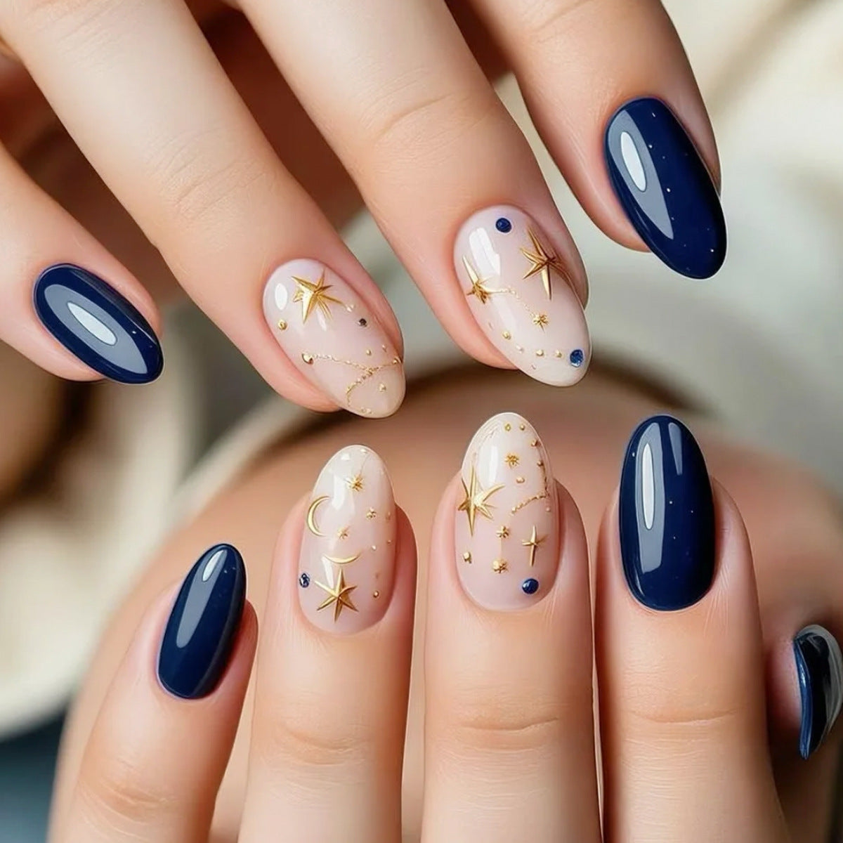 Celestial Dreams Long Oval Midnight Blue and Elegant Starry Accent Press On Nail Set